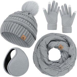 Winter Hat Scarf Gloves Set Women Knit Beanie Touchscreen Gloves Ear Warmer